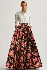 Black and White Pink Floral Collar Neck A Line Long Wedding Guest Dress with Sleeves