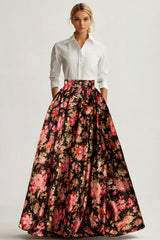 Black and White Pink Floral Collar Neck A Line Long Wedding Guest Dress with Sleeves