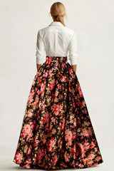Black and White Pink Floral Collar Neck A Line Long Wedding Guest Dress with Sleeves