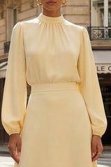 Daffodil Modest High Neck A Line Midi Work Dress with Sleeves