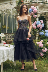 Black Sweetheart Floral A Line Tulle Maxi Wedding Guest Dress
