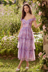 Purple Corset A Line Off the Shoulder Ruffled Floral Maxi Wedding Guest Dress