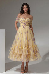 Yellow Flower Tulle A Line Off the Shoulder Maxi Ruffled Wedding Guest Dress
