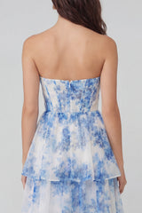 White Blue Flower Corset Maxi Wedding Guest Dress with Ruffles