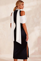 Black and White High Neck Cold Shoulder Sheath Midi Work Dress with Slit