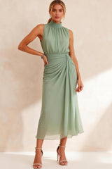 Sage Green Ruched Chiffon Sheath High Neck Midi Work Dress