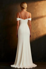 White Satin Cold Shoulder Mermaid Floor Length Wedding Dress