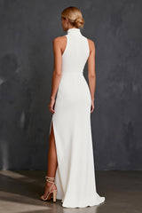 White Satin High Neck Mermaid Floor Length Wedding Dress with Slit