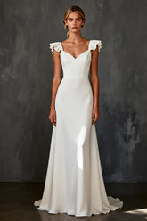 White Satin Mermaid Cap Sleeves Sweep Train Wedding Dress with Ruffles