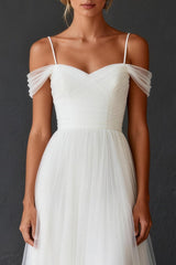 White Tulle Cold Shoulder A Line Sweep Train Wedding Dress