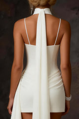 White Satin Corset Bodycon Ruched Short Wedding Dress with Streamer