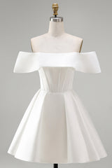 White Corset Ruched Off The Shoulder A Line Short Wedding Dress