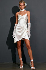 White Satin Ruched Bodycon Halter Short Wedding Dress