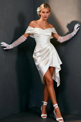 White Satin Ruched Bodycon Off The Shoulder Short Wedding Dress