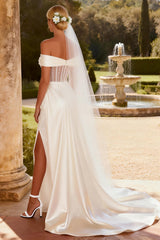 Sparkly Ivory Satin Corset Mermaid Beaded Sweep Train Wedding Dress with Slit