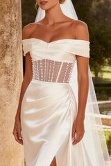 Sparkly Ivory Satin Corset Mermaid Beaded Sweep Train Wedding Dress with Slit