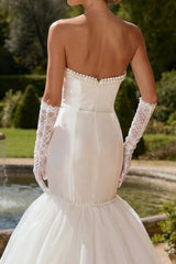 Ivory Satin Strapless Mermaid Beaded Sweep Train Wedding Dress