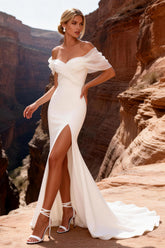 White Off The Shoulder Mermaid Sweep Train Wedding Dress with Slit