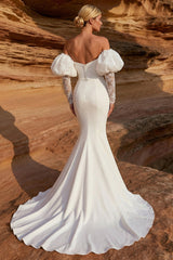 White Satin Mermaid Sweetheart Sweep Train Wedding Dress with Sleeves
