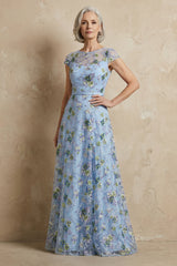 Floral Blue Round Neck A Line Long Mother of the Bride Dress with Appliques