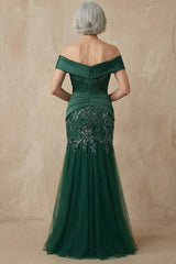 Sparkly Dark Green Floral Off the Shoulder Mermaid Long Mother of the Bride Dress with Appliques