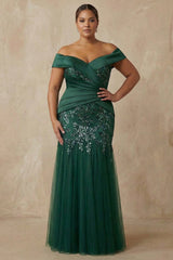 Sparkly Floral Dark Green Plus Size Off the Shoulder Long Mermaid Mother of the Bride Dress with Appliques