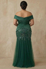 Sparkly Dark Green Floral Off the Shoulder Mermaid Long Mother of the Bride Dress with Appliques
