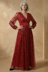 Sparkly Burgundy Sequin V Neck A Line Long Mother of the Bride Dress