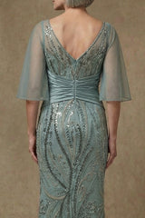 Sparkly Grey Green Sequin Appliqued Mermaid Long Mother of the Bride Dress with Slit