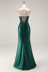 Strapless Mermaid Sparkly Drak Green Satin Beaded Long Prom Dress with Slit
