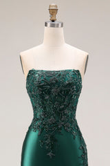Strapless Mermaid Sparkly Drak Green Satin Beaded Long Prom Dress with Slit