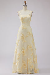 Yellow Spaghetti Straps Long A Line Floral Appliqued Prom Dress