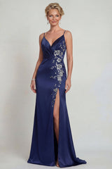 Navy Floral Satin Spaghetti Straps Mermaid Long Mother of the Bride Dress with Slit