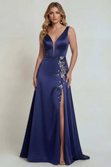 Navy Floral Satin V-Neck A Line Long Mother of the Bride Dress with Slit