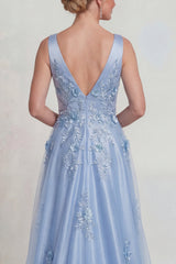 Sparkly Blue Floral Satin V-Neck A Line Long Mother of the Bride Dress
