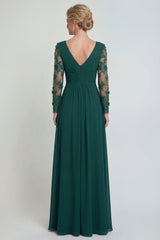 Dark Green Long A Line V Neck Mother of the Bride Dress with Sleeves