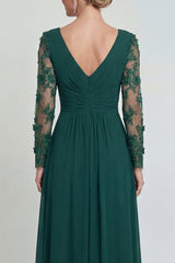Dark Green Long A Line V Neck Mother of the Bride Dress with Sleeves