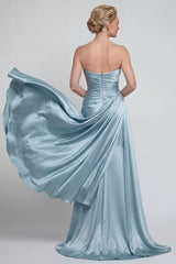 Blue Strapless Ruched Long Mermaid Mother of the Bride Dress with Side Cape