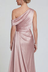 Blush Long One Shoulder Mermaid Mother of the Bride Dress with Side Cape