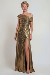 Golden One Shoulder Long Metallic Mermaid Mother of the Bride Dress