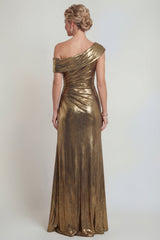 Golden One Shoulder Long Metallic Mermaid Mother of the Bride Dress