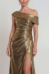 Golden One Shoulder Long Metallic Mermaid Mother of the Bride Dress