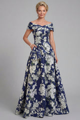 Navy Long A Line Floral Mother of the Bride Dress with Pockets
