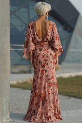 Floral Dusty Rose Boat Neck Long Mother of the Bride Dress with Pockets