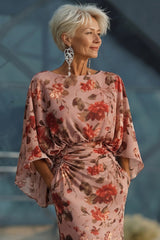 Floral Dusty Rose Boat Neck Long Mother of the Bride Dress with Pockets