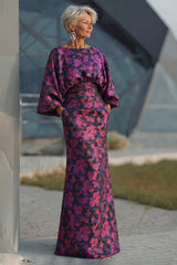 Floral Fuchsia Sheath Ruched Long Mother of the Bride Dress with Sleeves