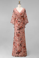Floral Dusty Rose Chiffon V-Neck Sheath Long Mother of the Bride Dress with Pockets