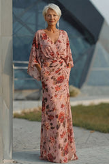 Floral Dusty Rose Chiffon V-Neck Sheath Long Mother of the Bride Dress with Pockets