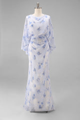 Floral Light Blue Chiffon Sheath Ruched Long Mother of the Bride Dress with Pockets