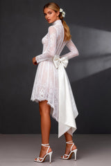 White High Neck High-Low Corset A Line Boho Wedding Dress with Sleeves